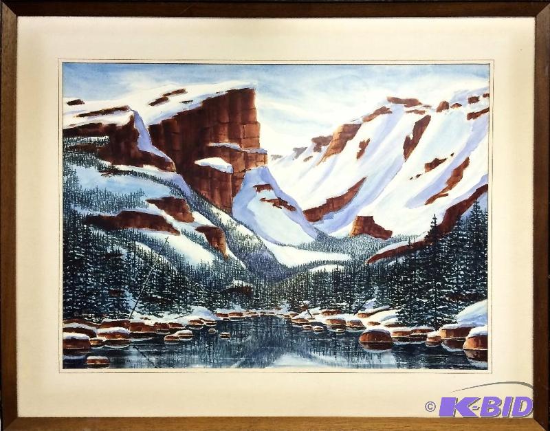 lot 36 image: Original Vintage Watercolor Western Mountain Signed Shirlie Houglum 1963
