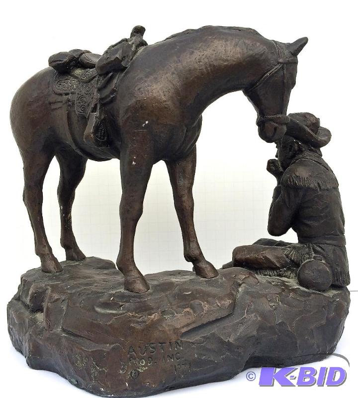lot 9 image: Very Large Vintage Western Sculpture of a Cowhand and his Pony at Days End