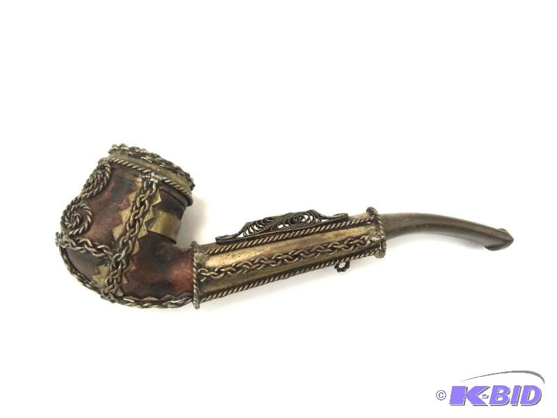lot 9 image: Ornate Metal work and Briar Wood Pipe - Very Old - Sterling