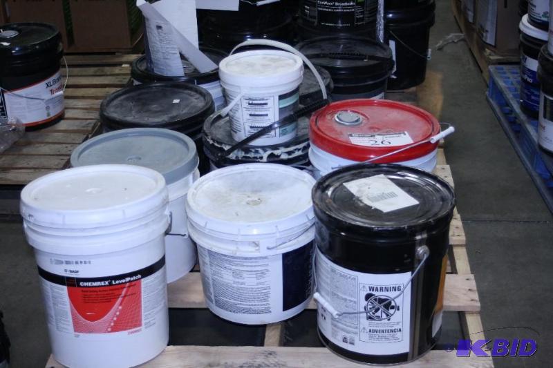 lot 26 image: Buckets of Miscellaneous Vinyl Adhesive Carpet Adhesive Finish And More.