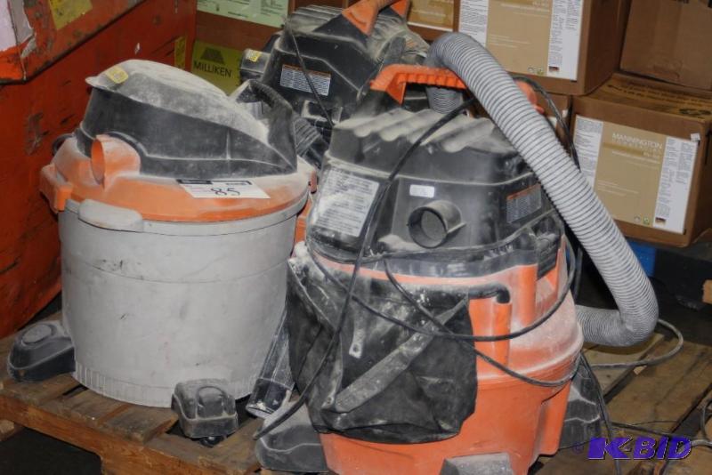 lot 85 image: Lot of (3) Rigid Dry-Vac Vacuums Can Vacuums wCords For Parts. Not Tested.