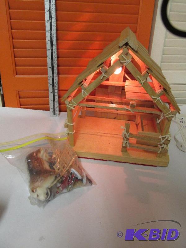 Hand Made Barn with Light and a bag of Toys and COW - Corn on the Cob Holders