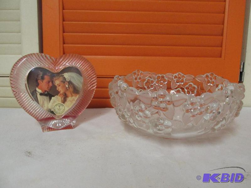 Embossed Clear Glass Bowl and Pink Crystal Picture Frame