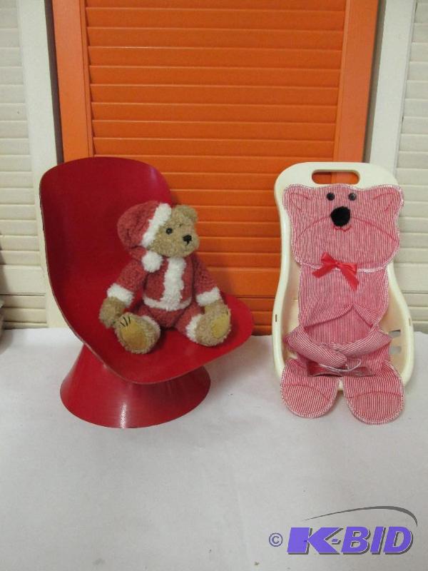 Vintage Red Doll Chair with Boyds Bear Santa and Teddy Bear Car SeatBaby Carrier.