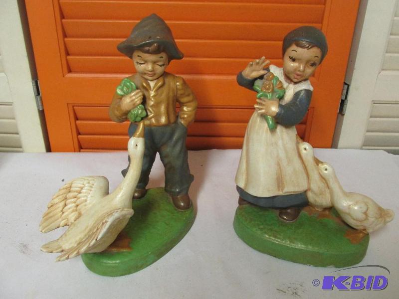 2 Vintage Children Statues - Boy and Girl with Geese