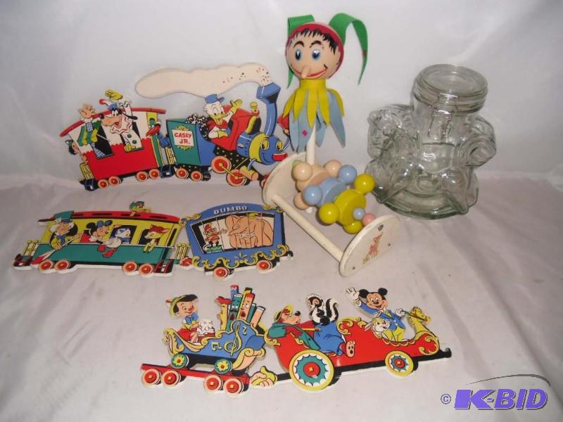 Vintage Baby Toys -Reuge Swiss Musical Rattle, Disney Casey Train Wall Decor,  Rocking Horse Jar