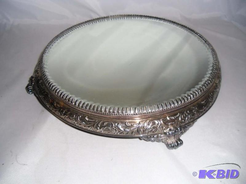 Antique Vanity Mirror in Quadruple Silver Plate Tray