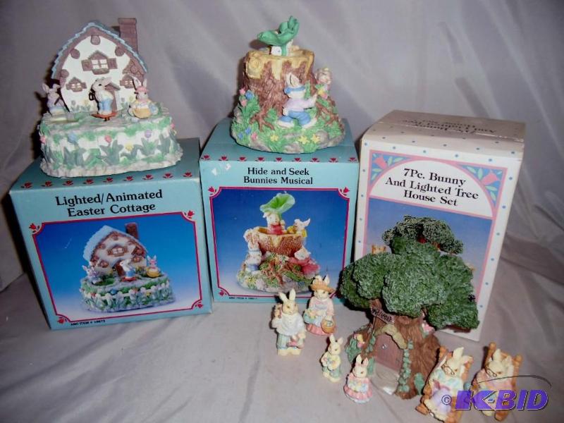 In Your Easter Bonnet. . .Musical Bunny Lighted Tree House, Light-up Cottage & Music Boxes