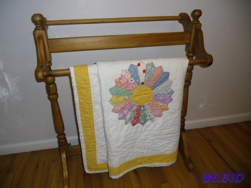 Bright and Colorful Hand-Made Patch Work Quilt and a Quilt  Bedspread Rack