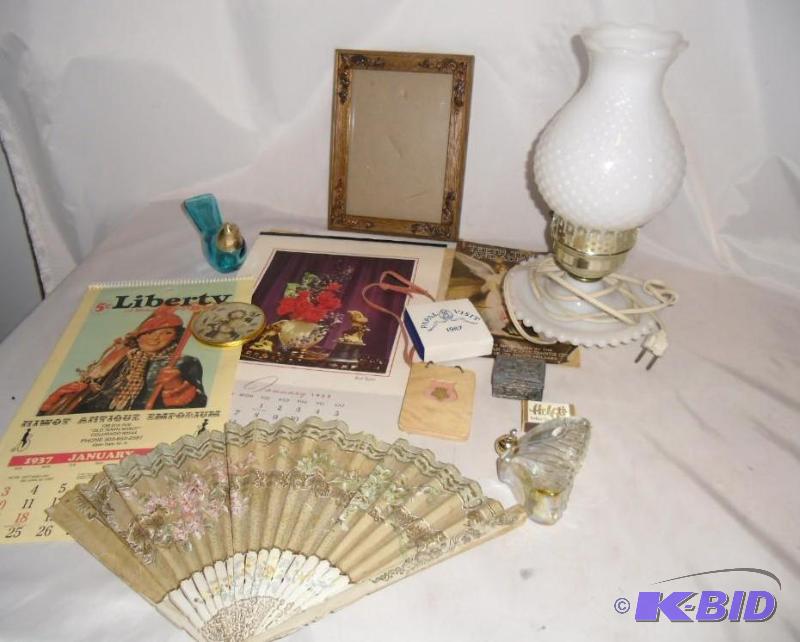 Grandmas Dresser Drawer  Calendars, Hand Fan, Compact, 1942 Dance Card, Avon Bottles  More