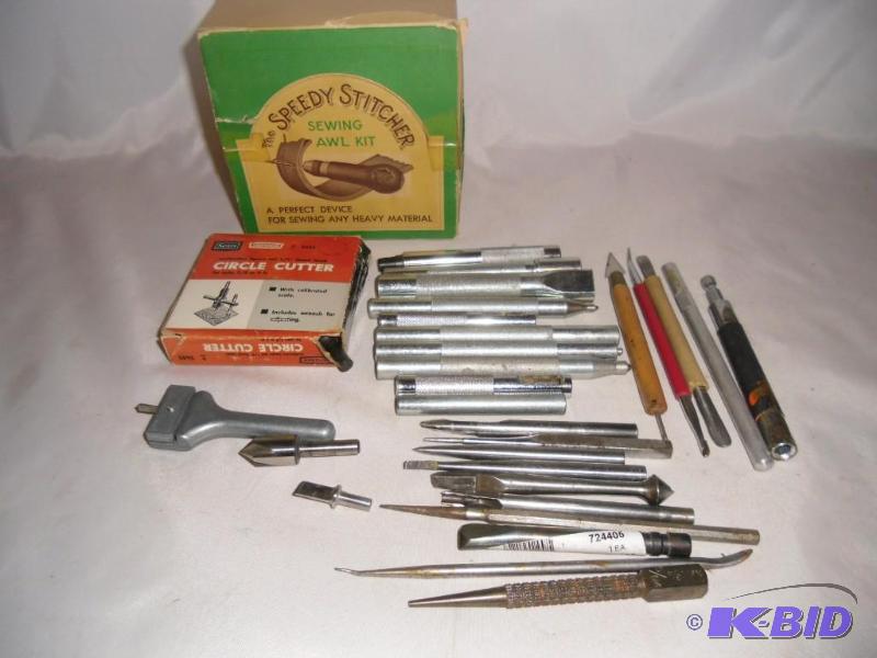 Misc Lot of Leather Crafting Tools Stamps Punches  Awl Sewing Kit  Craftsman Circle Cutter