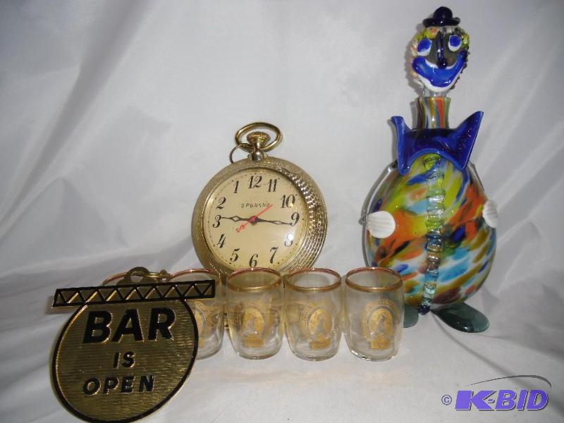 1970s Barware  Pocket Watch Clock Bar OpenClose & Glass Clown Decanter & Coors Brewary Glasses