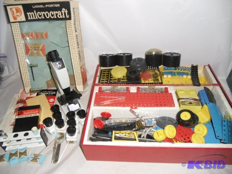 Vintage Lionel Porter Microcraft Microscope and metal Erector Set