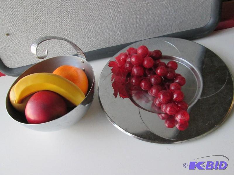 Metal platter and bowl with artificial decora...