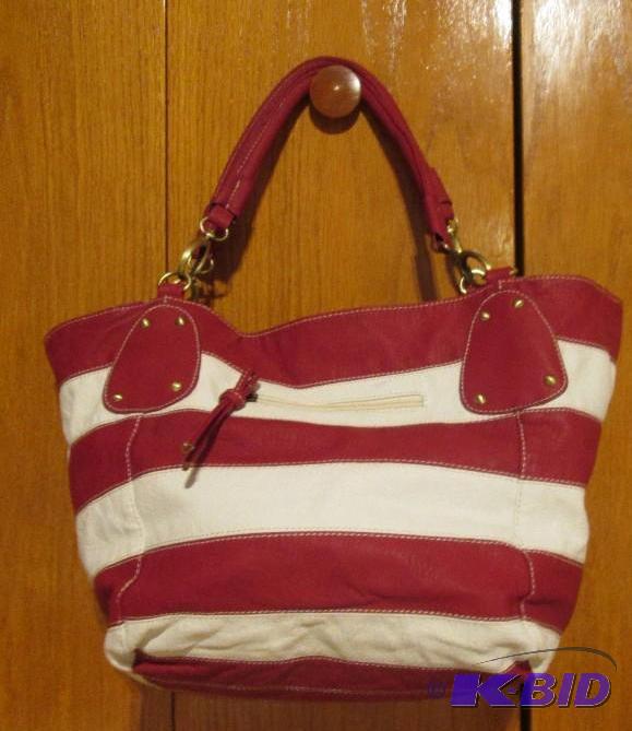 lot 149 image: Red and white stripped beach bag purse...