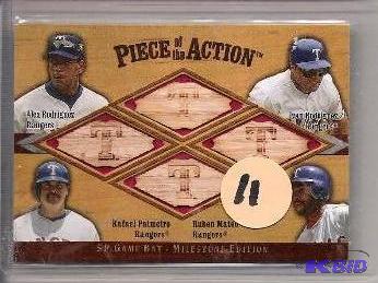 lot 11 image: 2001 Pieces of the Action Quad Bat Card - AROD, Palmero, Rodriguez, Mateo- MINT