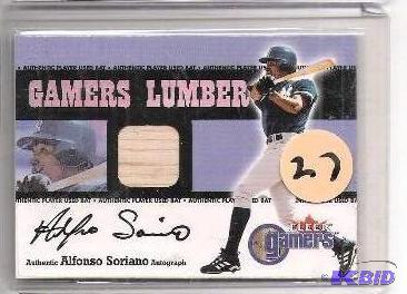 lot 27 image: Alfonso Soriano Gamers Lumber Bat and Auto Card