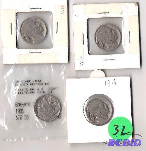 lot 32 image: 4 Buffalo Nickels 1937, 1919, 1936, 1929