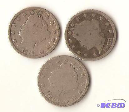 lot 69 image: 1901, 1902, 1912 V Liberty Nickels