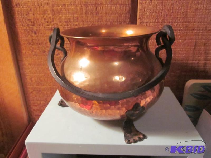 Antique hammered Copper footed small kettle w...