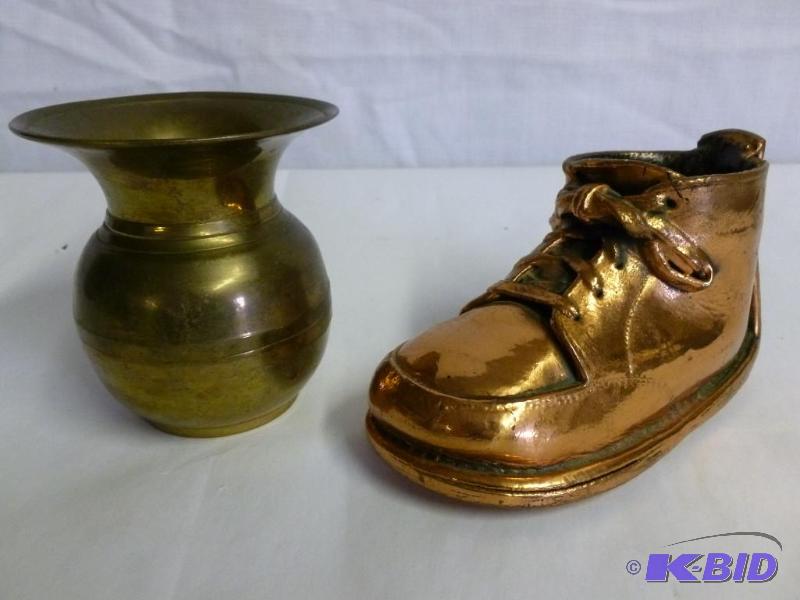 Small Brass Spittoon and a Copper Baby Shoe.