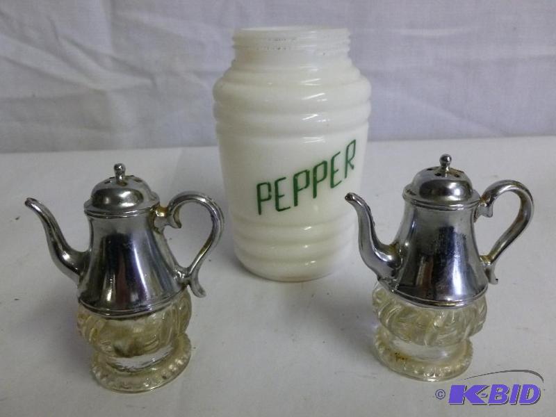 Vintage Household and Collectible Salt and Pepper - also Large Glass Pepper Jar