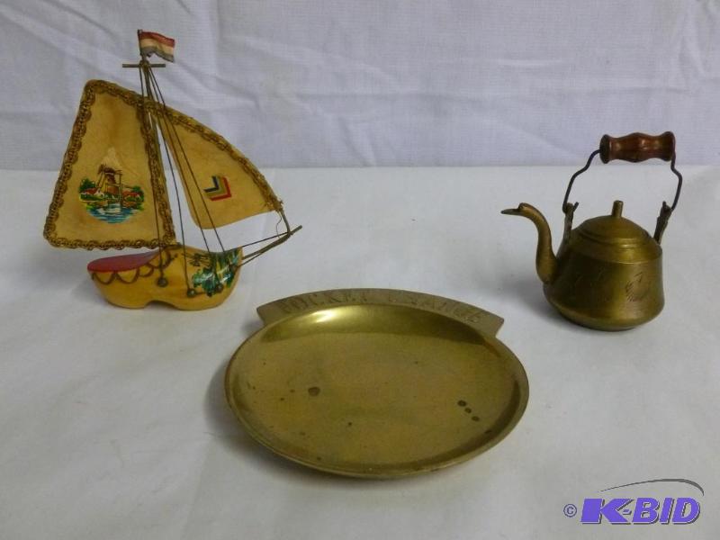 Small Brass Tea Pot - Small Painted Wooden Shoe Sail Boat - Brass Change Dish.