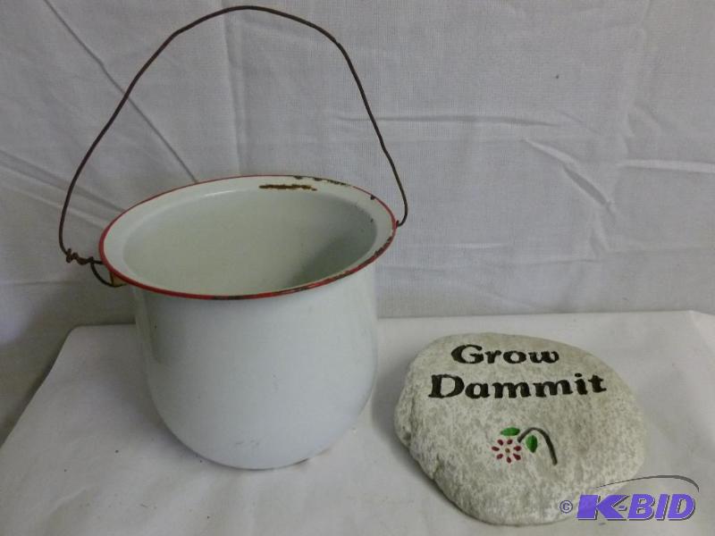 White Enamel Bucket with Custom Handle and a Garden Stone.