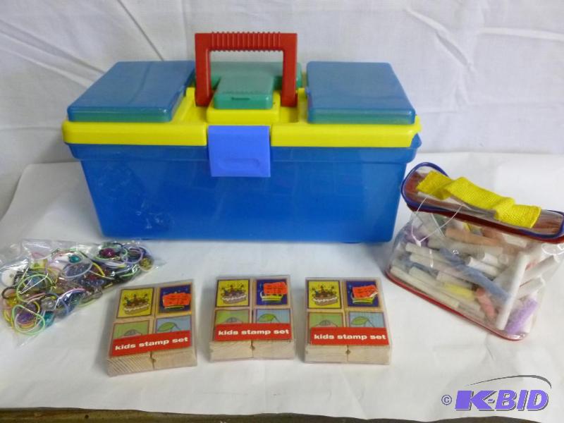 Plastic Utlity Box with Stamps and Chalk.