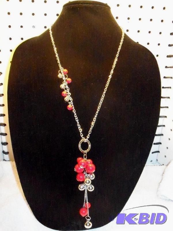 Red and Silver Necklace with Earrings