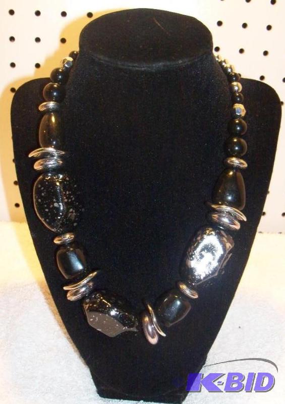 Black Beaded Necklace with Earrings