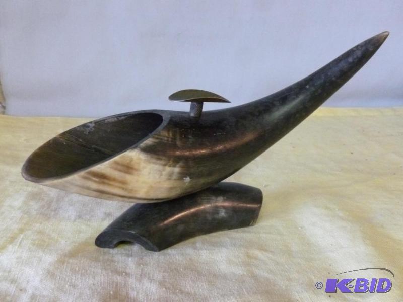 lot 108 image: Vintage brass and bull horn smoke stand that ...