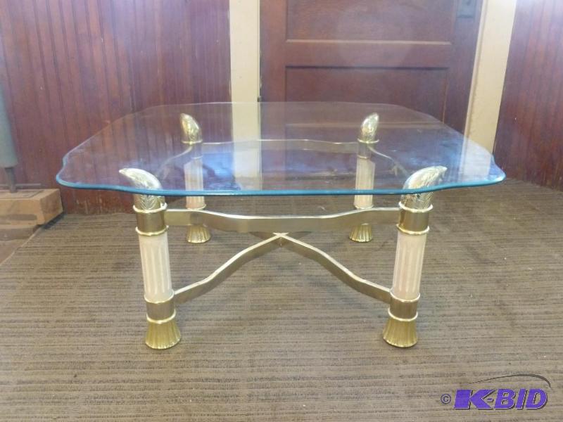 lot 156 image: Beautiful polished brass and glass top coffee...