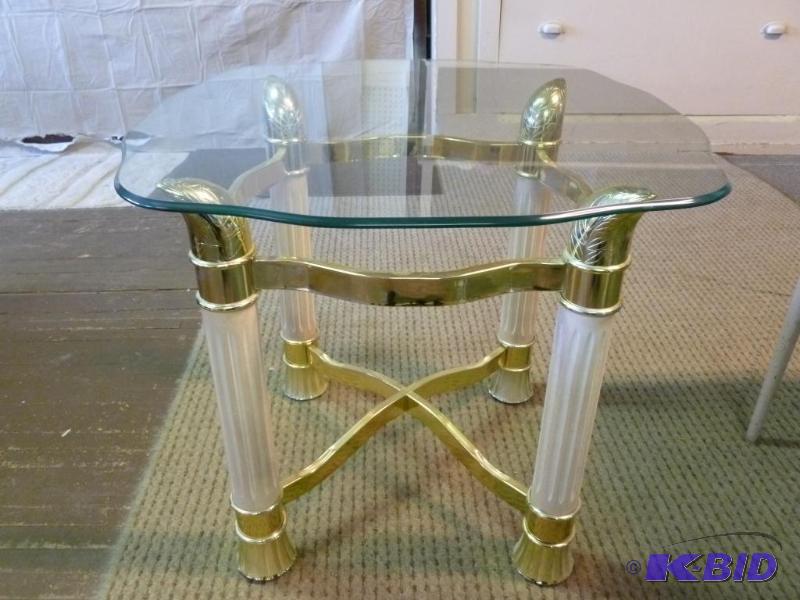 lot 157 image: Beautiful polished brass and glass top end ta...