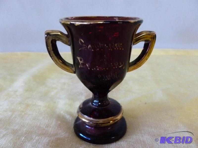 lot 61 image: Vintage Ruby Red And Gold Rimmed Glass Souven...
