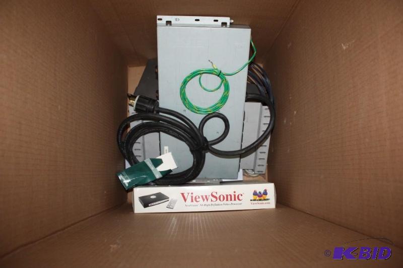 lot 230 image: Box Lot of Video Parts Electronics Including ViewSonic Box Series 4140, Cords, And More.