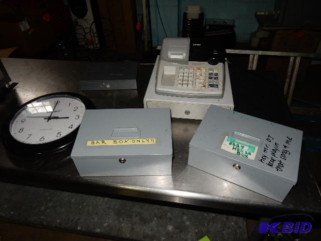 lot 104 image: Casio Cash Register, Money Boxes, Atomic Clock