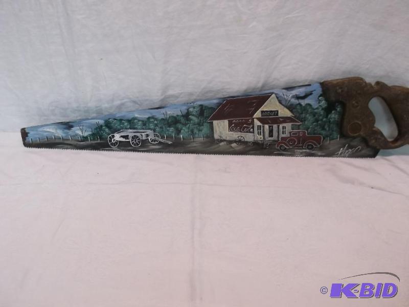 Vintage beautiful hand painted hand saw in gr...