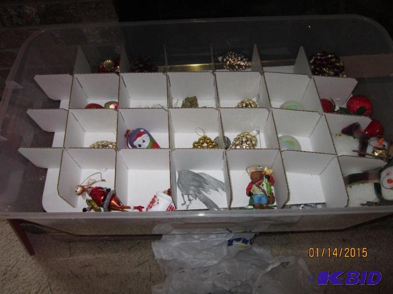 Plastic tote of Christmas ornaments