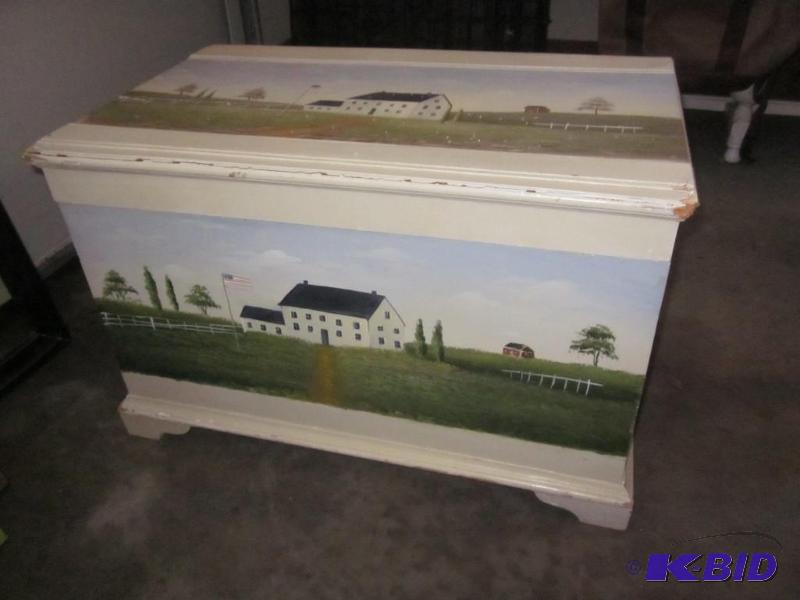 lot 101 image: Hand painted wooden storage chest, 29 inches ...