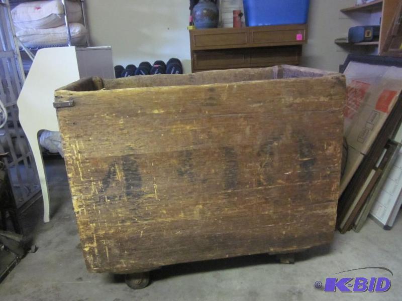 lot 123 image: Large primitive solid wood cart on metal cast...