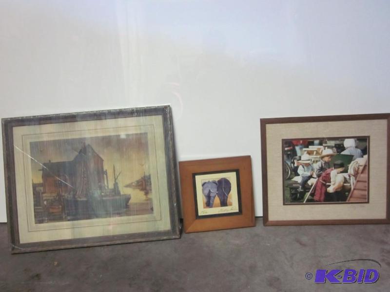 lot 128 image: Lot of (3) framed art work prints, boat scene...