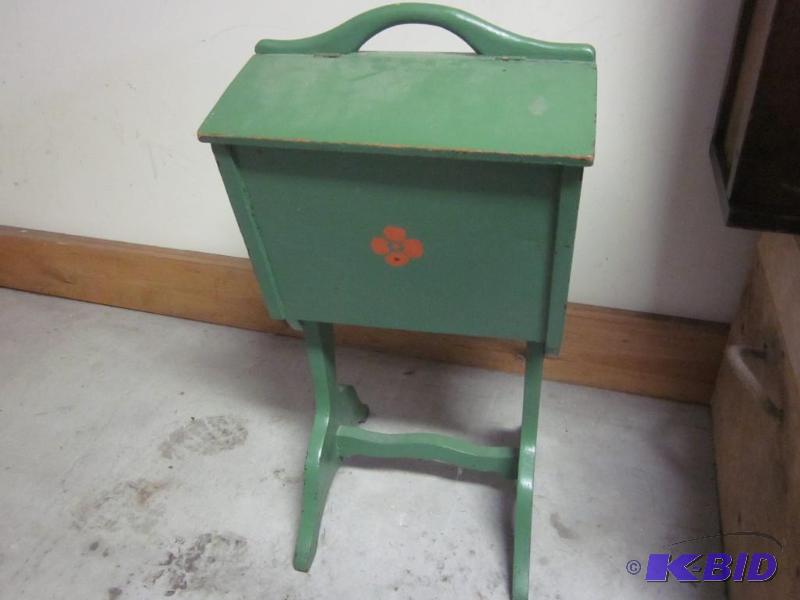 lot 16 image: Antique painted sewing stand with contents.  ...