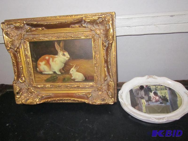 lot 75 image: Lot of (2) Antique framed art pieces, Bunnies...