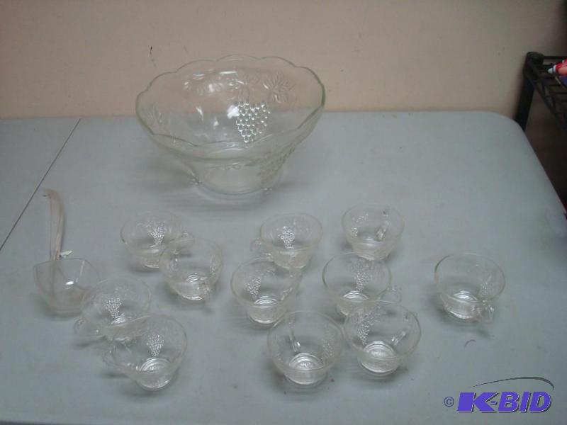 Glass Punch Bowl With Glasses, Ladle Is Plast...