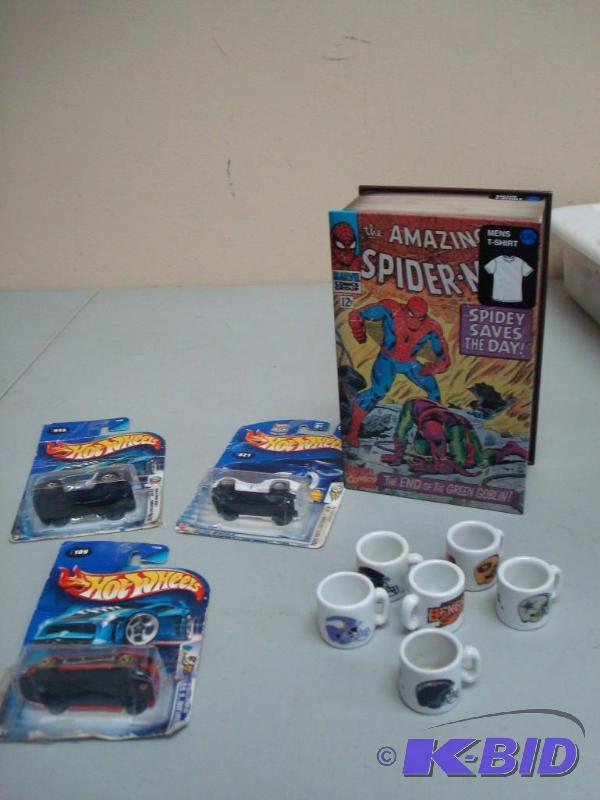 Spiderman Tin, With Sports Cups And Hotwheels...