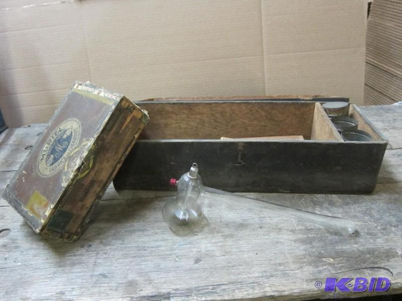 Wooden Shoe Repair Kit, Wooden Cigar Box, and Vintage Test Tube