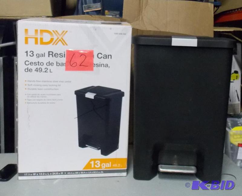 lot 62 image: HDX 13 Gal Resin Trash Can - Damaged