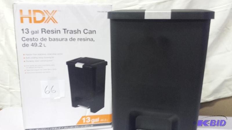 lot 66 image: HDX 13 Gal Resin Trash Can - Damaged