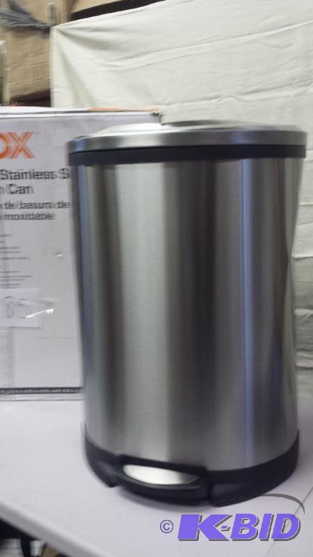 lot 85 image: HDX 13 Gal Stainless Steel Trash Can Dents on both sides. Fully Funtional